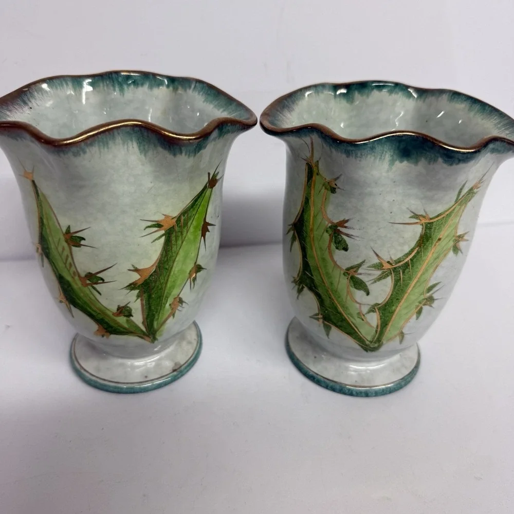 Set Of Italian Vases Hand Painted Thistle Aqua Purple Green‎ w/Gold Trim Ruffle